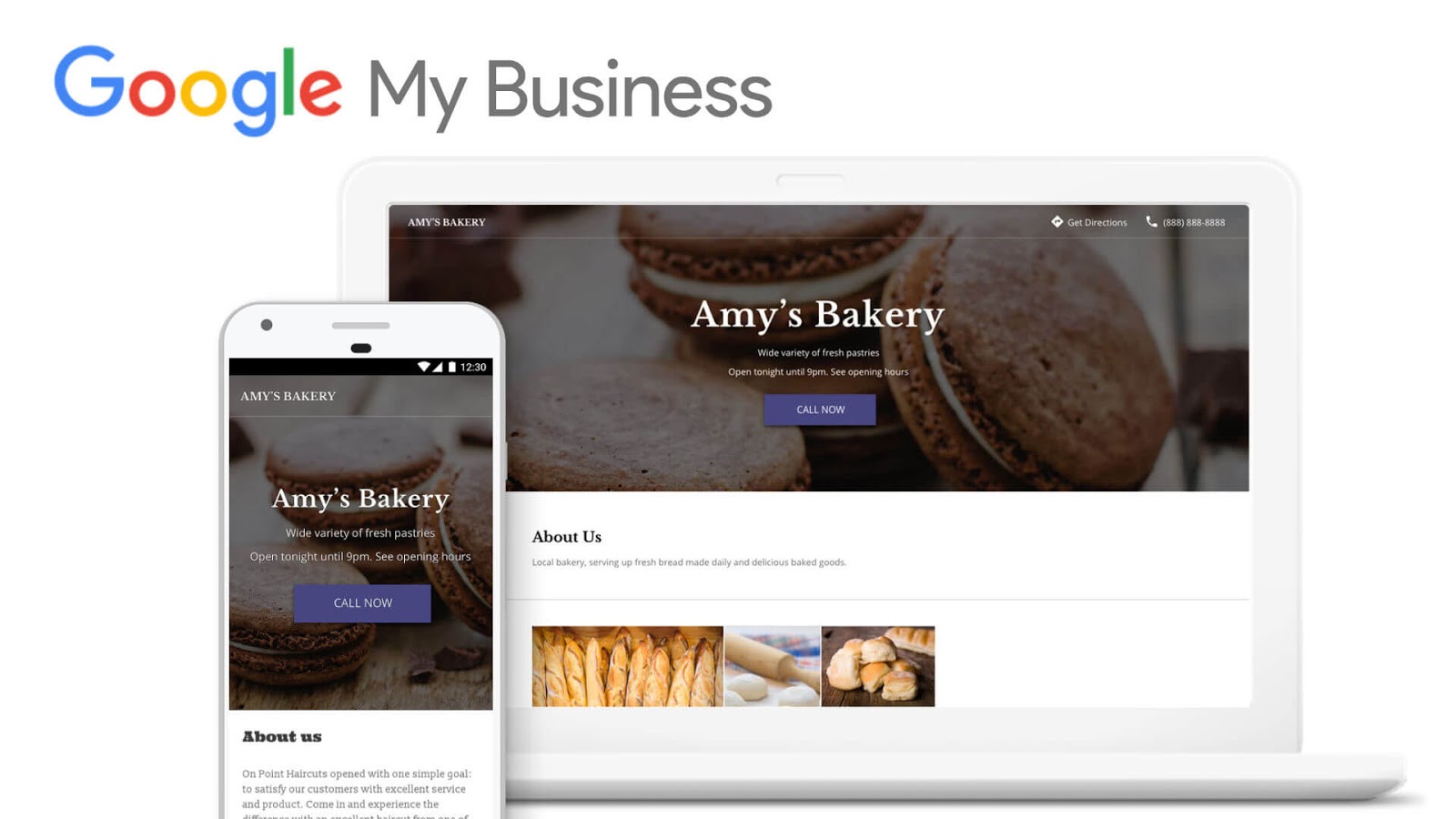 Google Business Profile website builder interface showing a website for a business called, Amy's Bakery