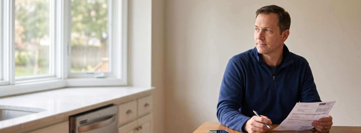 Home service business owner at a kitchen table reading a lead service bill