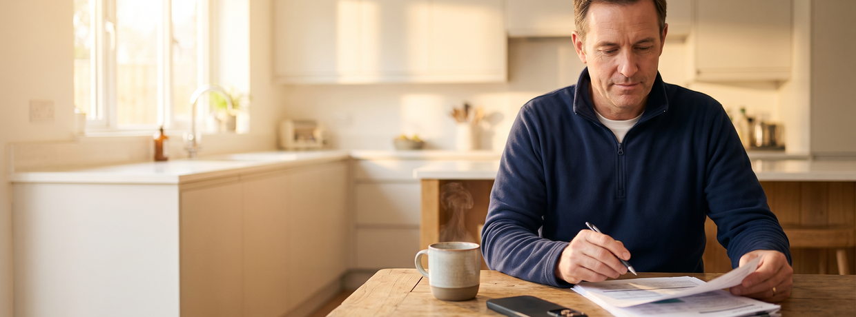 Home service business owner at a kitchen table reading a marketing proposal, pen in hand