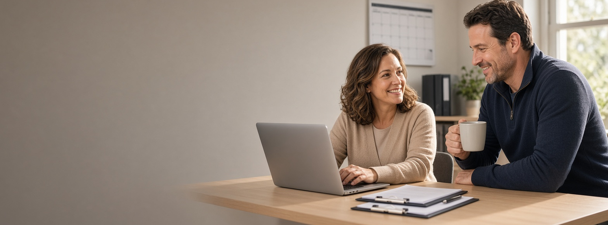 Home-service business owner chatting with his office manager at her desk.