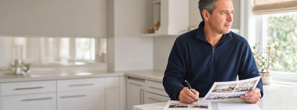Home service business owner at a kitchen counter comparing a printed proposal with job photos to a plain typed quote.