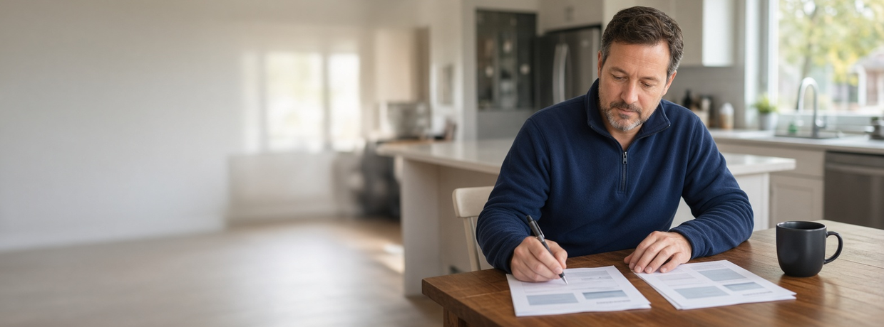 Home-service business owner at his kitchen table comparing two printed agency proposals side by side.
