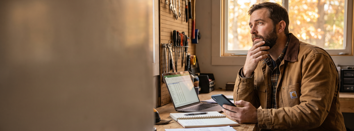 Home service business owner at his shop desk, phone in hand, deciding whether to rebuild his website or hire marketing.