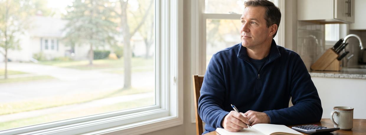 Home service business owner at a kitchen table with a notebook and calculator, planning his monthly marketing budget.