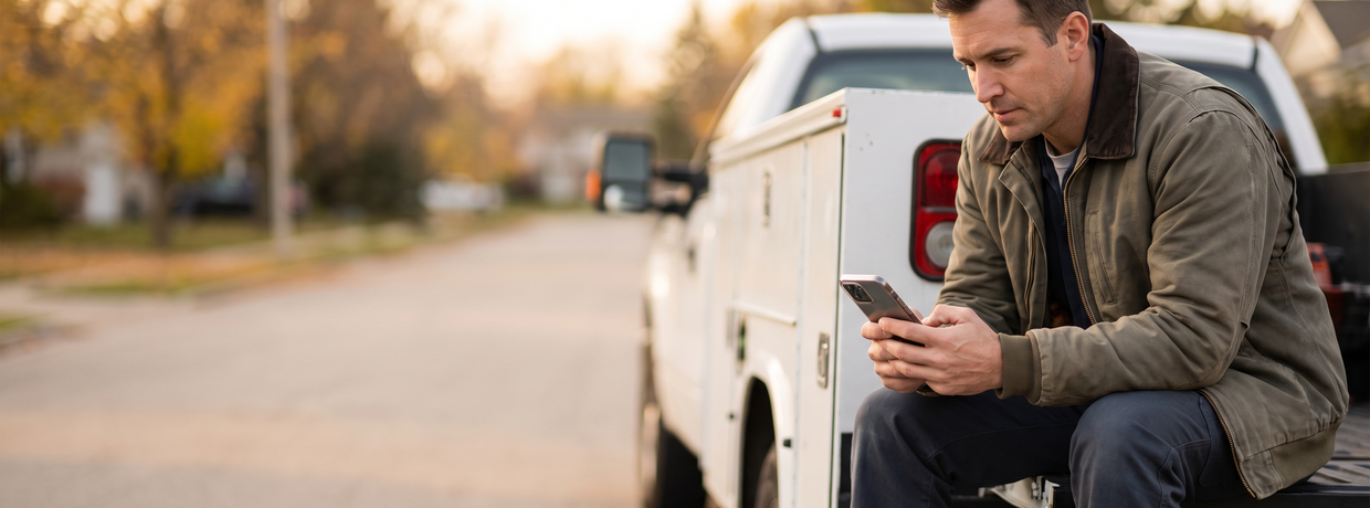 Home service owner on a work truck tailgate checking his phone