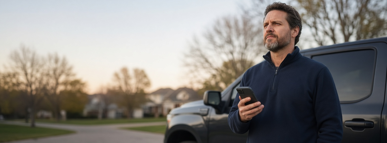 Home-service business owner beside his pickup truck on a suburban street at dusk, phone in hand, looking concerned.