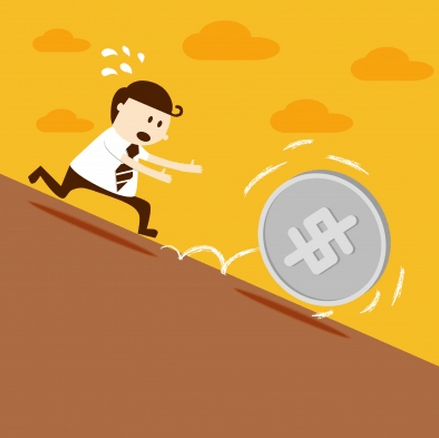 Cartoon illustration of a worried person in business attire chasing a large coin with a hash symbol as it rolls downhill, symbolizing scope creep in website projects.