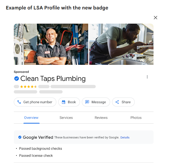 Google Local Services Ad (LSA) profile for "Clean Taps Plumbing," featuring two images of plumbers at work. The profile shows a blue verified checkmark badge next to the business name, indicating it is Google Verified.