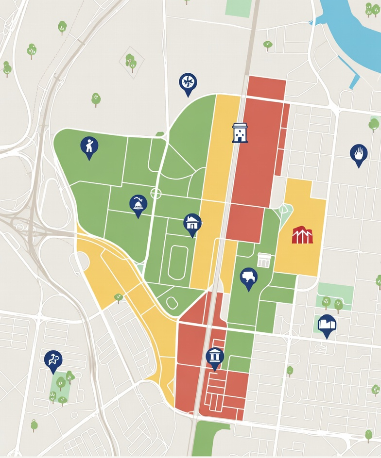 Color coded city map showing green yellow and red zones with location pins marking parks museums a stadium a restaurant a library and other public places.