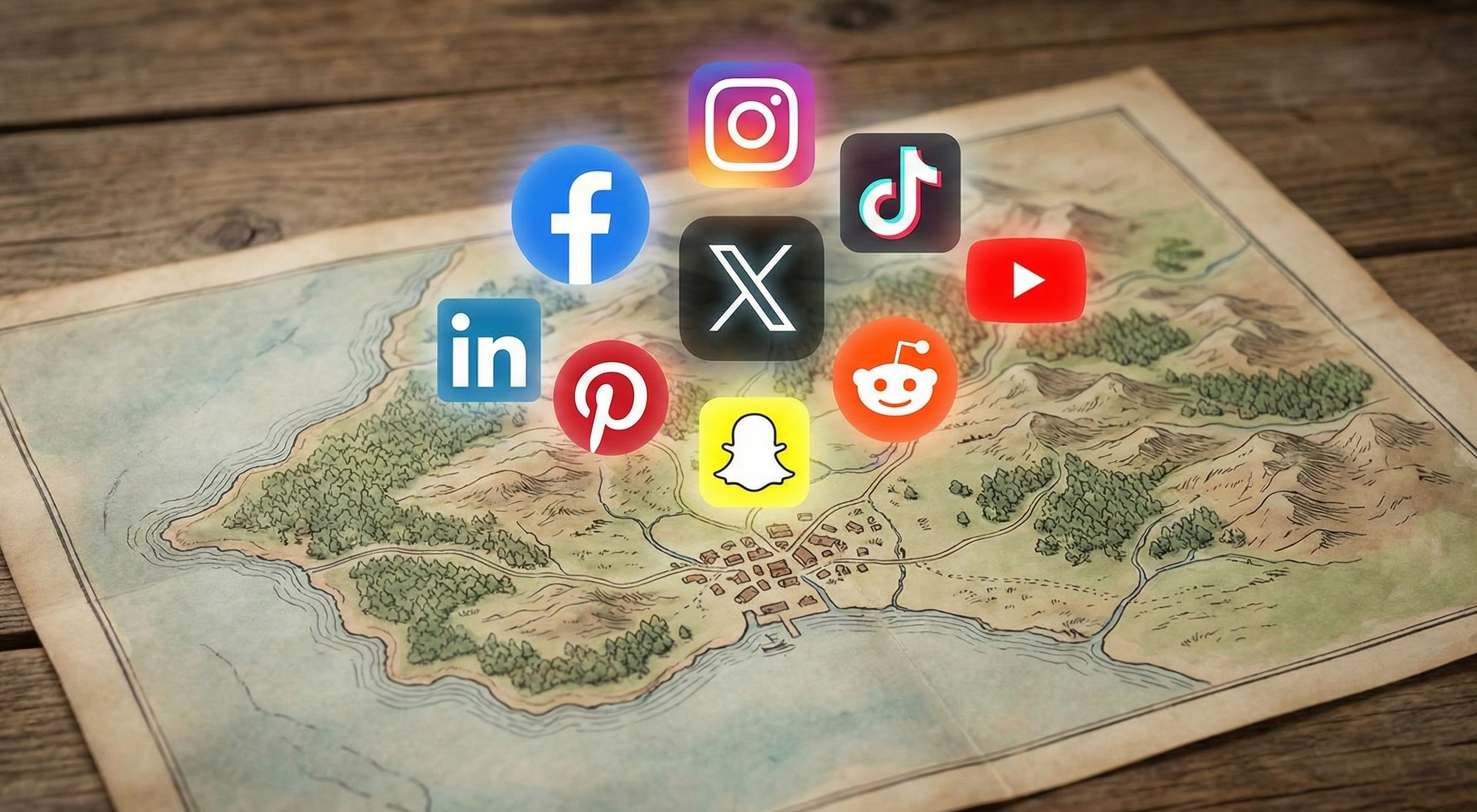 Social media icons including Facebook Instagram TikTok X YouTube LinkedIn Pinterest Snapchat and Reddit floating above a vintage illustrated map with mountains forests and a small town by the coast.