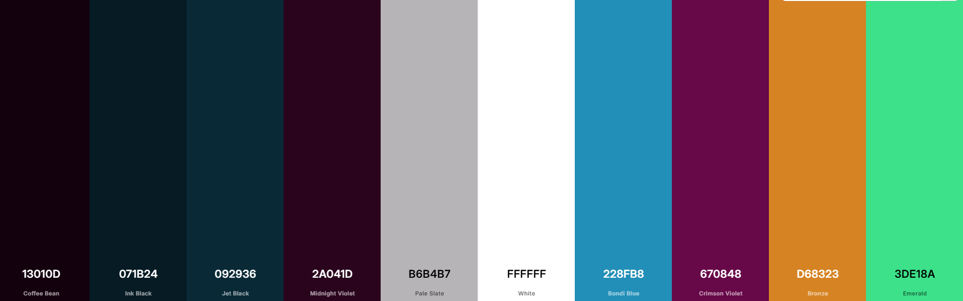 Horizontal row of ten vertical color swatches displayed side by side with hex codes and names beneath each shade.