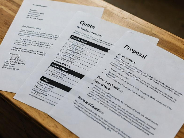 Three printed business documents labeled Proposal Quote and Service Agreement are spread across a wooden table.
