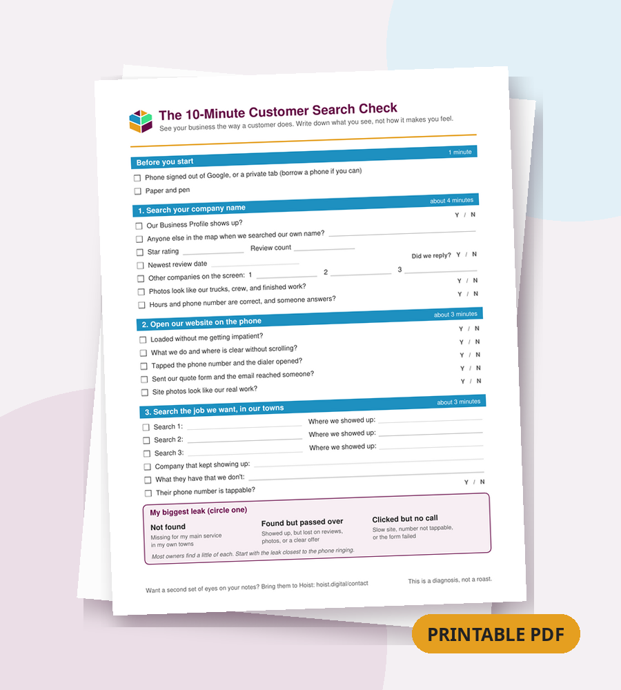 Page 1 of the printable 10-minute customer search checklist