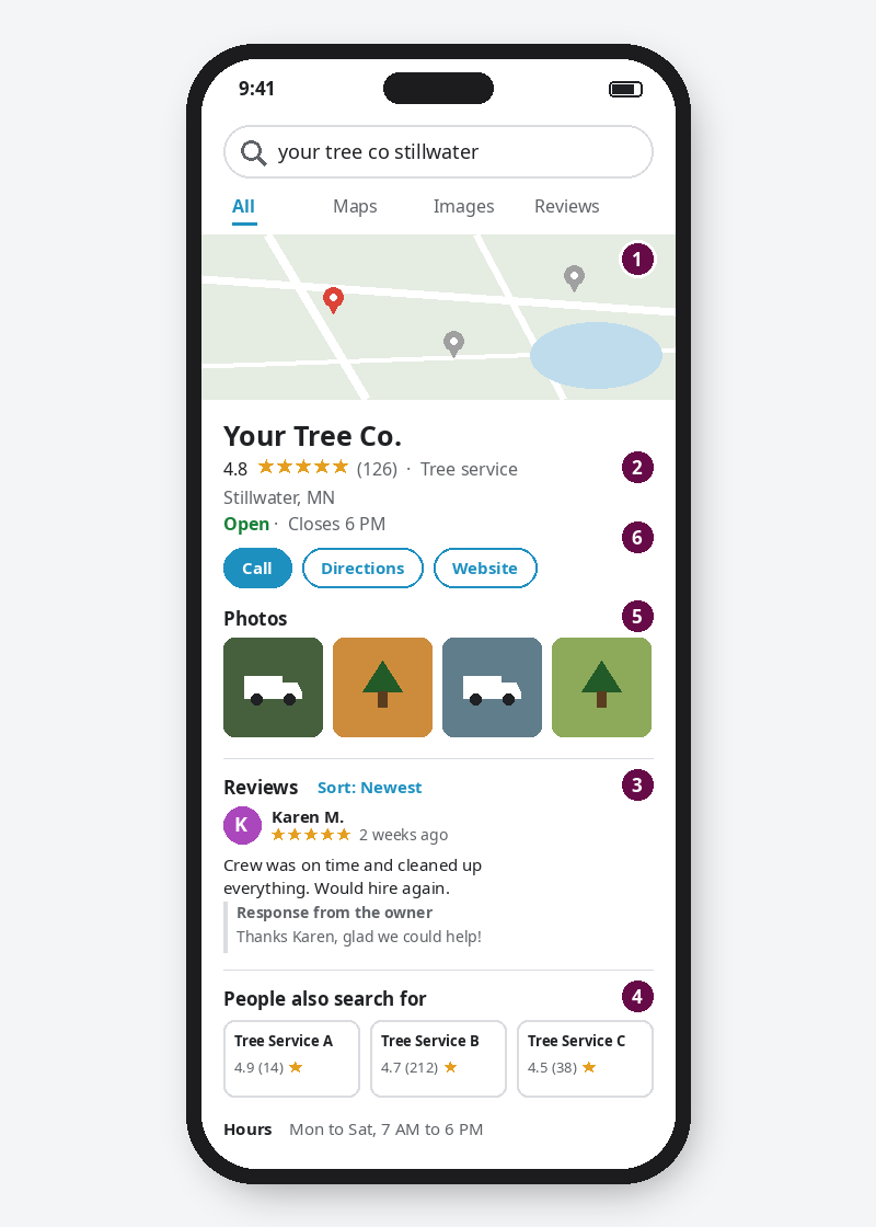 Phone showing a Google listing with map, reviews, photos and a Call button