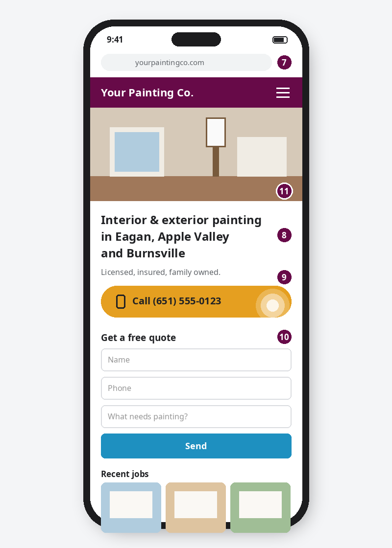 Phone showing a home service website with a tappable Call button and quote form