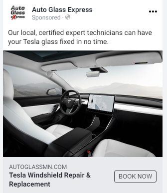 Facebook ad for Auto Glass Express promoting Tesla Windshield Repair & Replacement