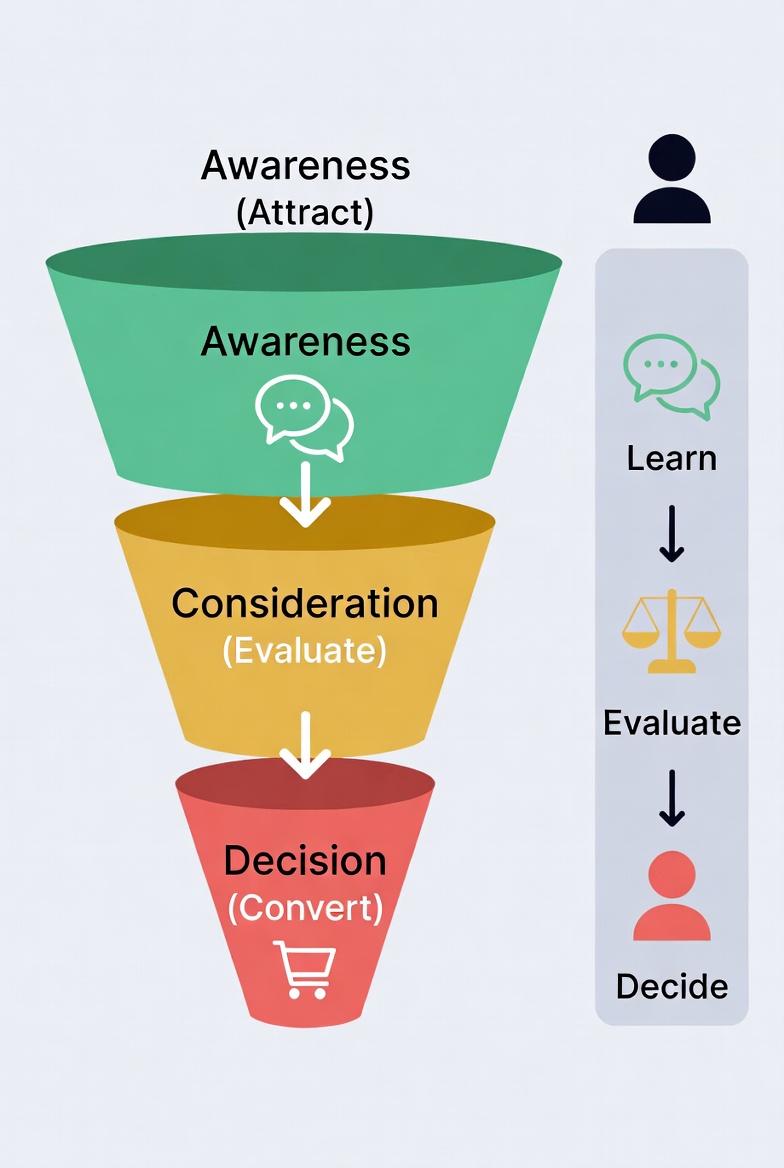 Marketing funnel diagram showing three stages labeled Awareness Attract at the top in green, Consideration Evaluate in yellow in the middle, and Decision Convert in red at the bottom, each narrowing downward with arrows between them.