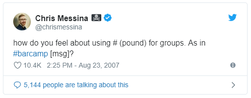 The first tweet using a hashtag by Chris Messina