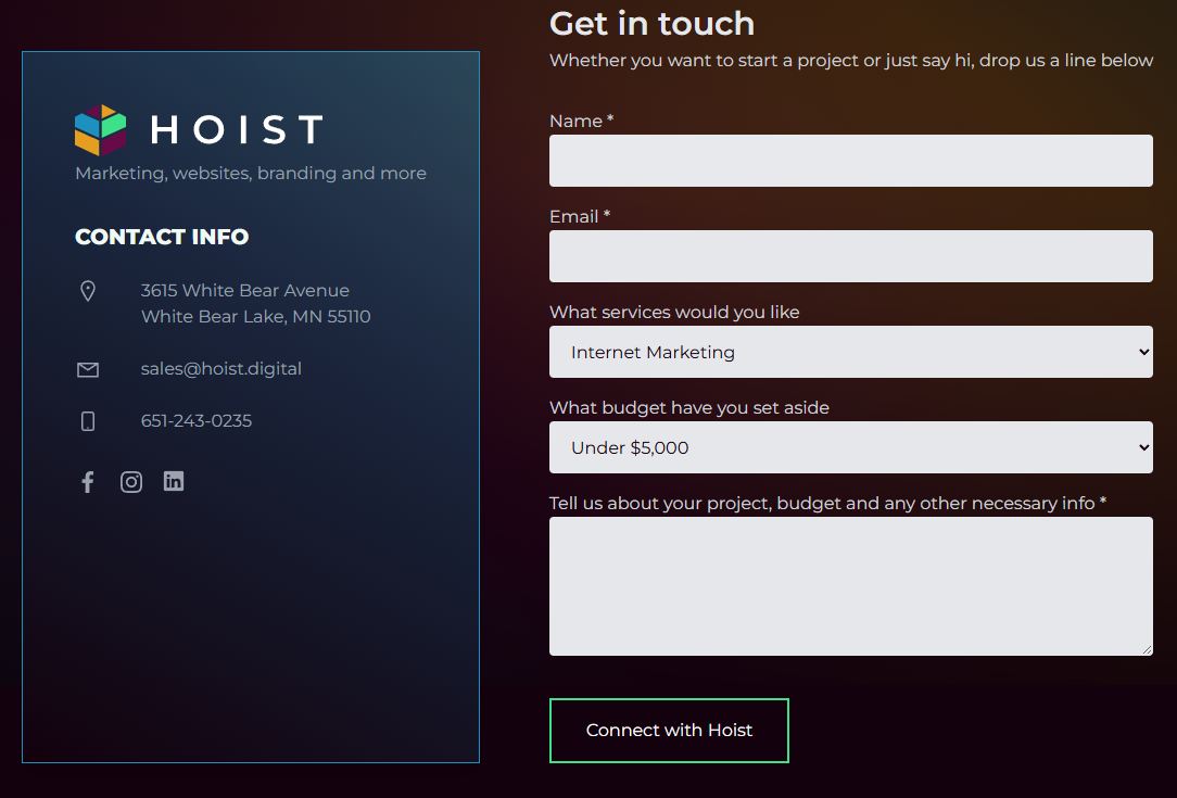 Contact page section for Hoist with a dark gradient background and a split layout showing company contact details on the left and a lead form on the right for landing pages or marketing inquiries.