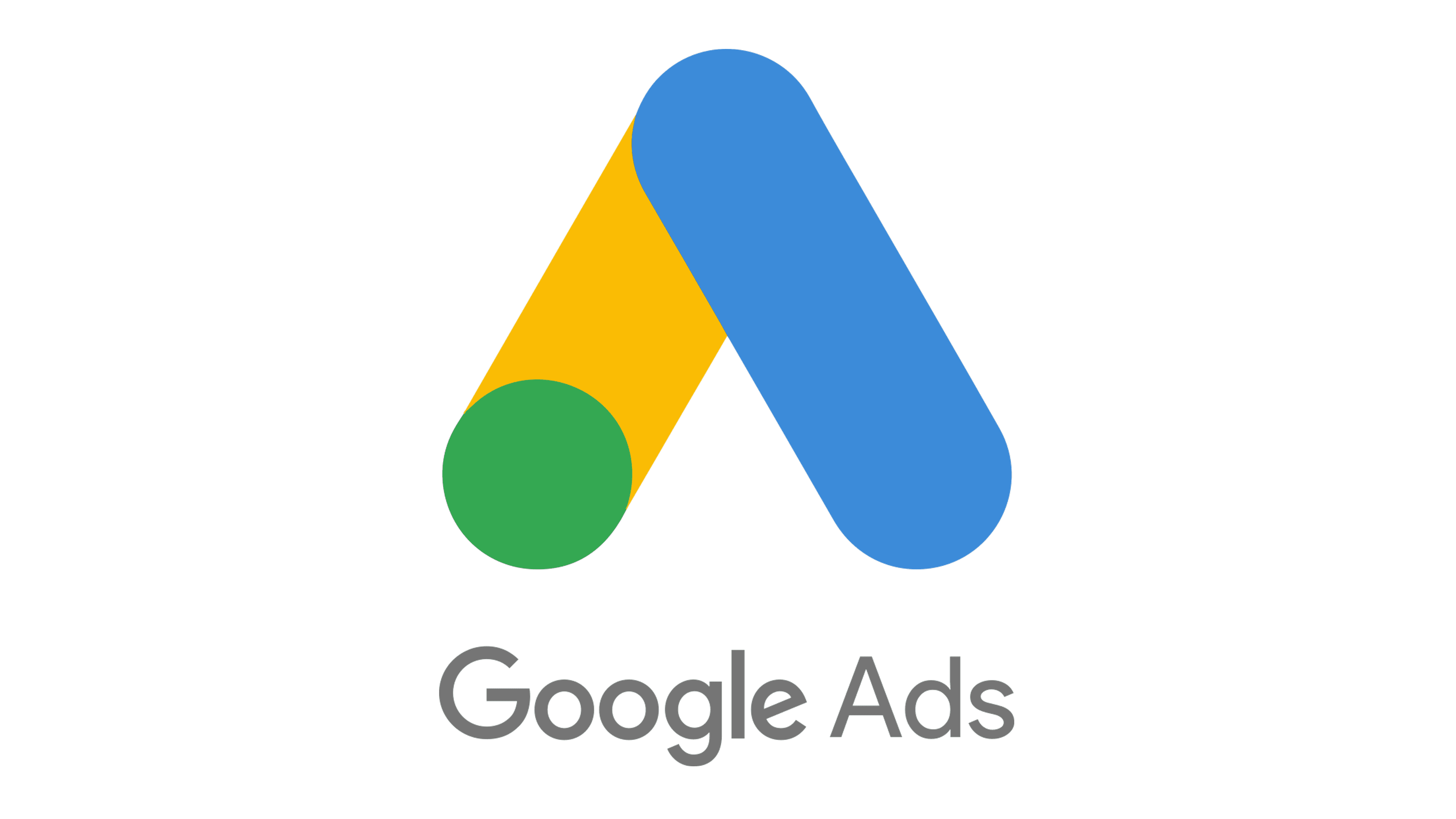 Google Ads logo on a black background with a stylized triangular mark in blue, yellow, and green above the text "Google Ads."