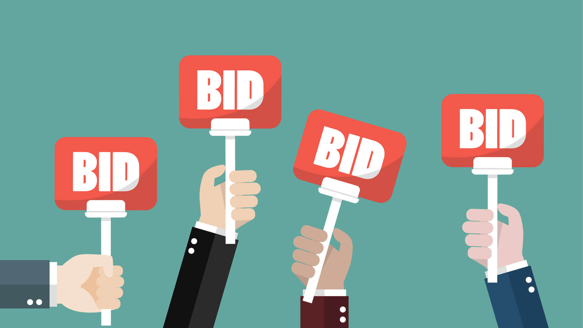 four hands holding bidding signs, more bidders can lead to an increase in CPC