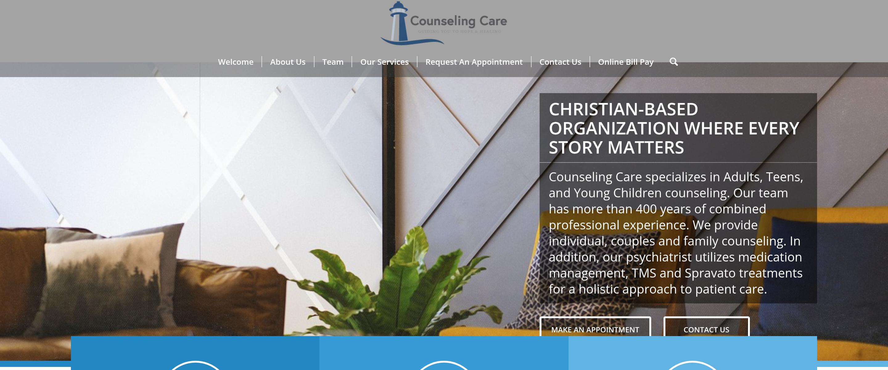 The homepage hero: a potted plant between two empty chairs