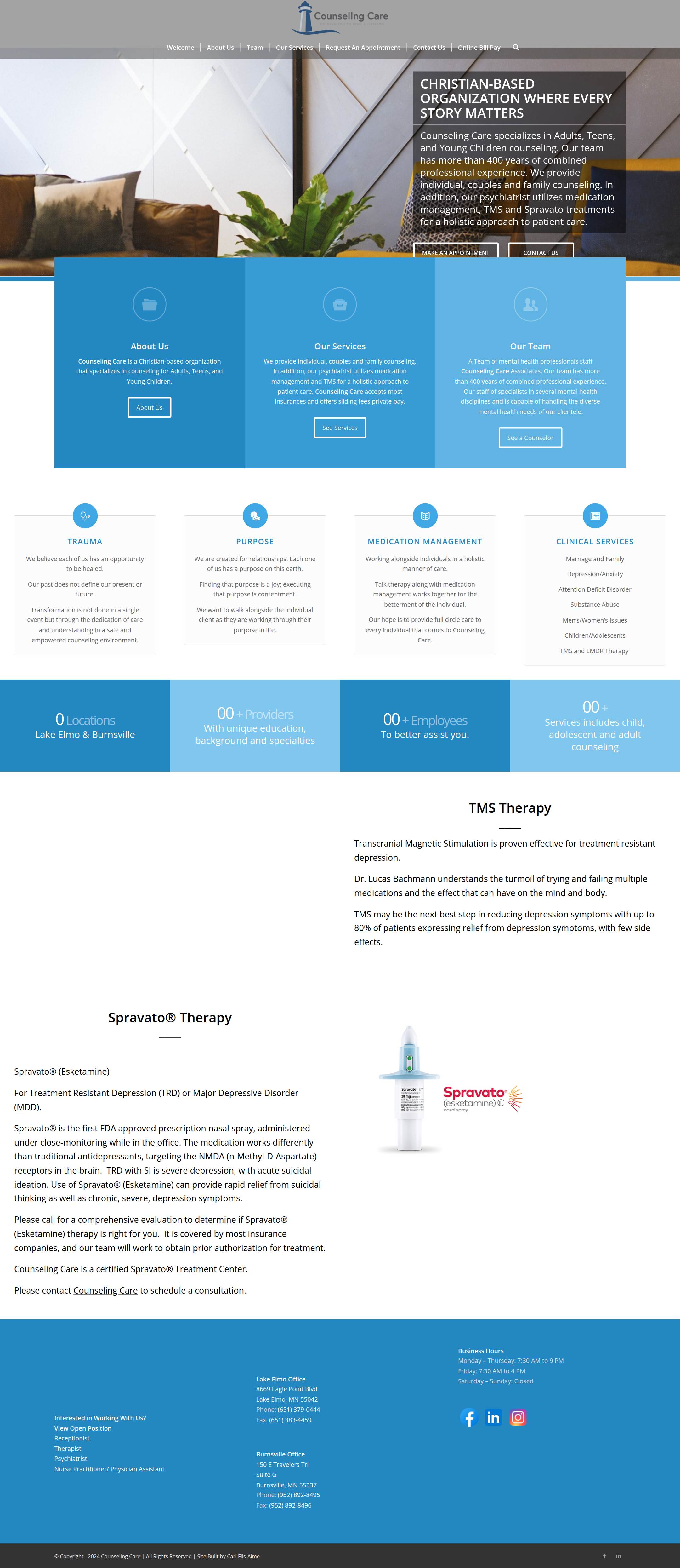 Homepage showing three near-identical blue ghost-button CTA blocks