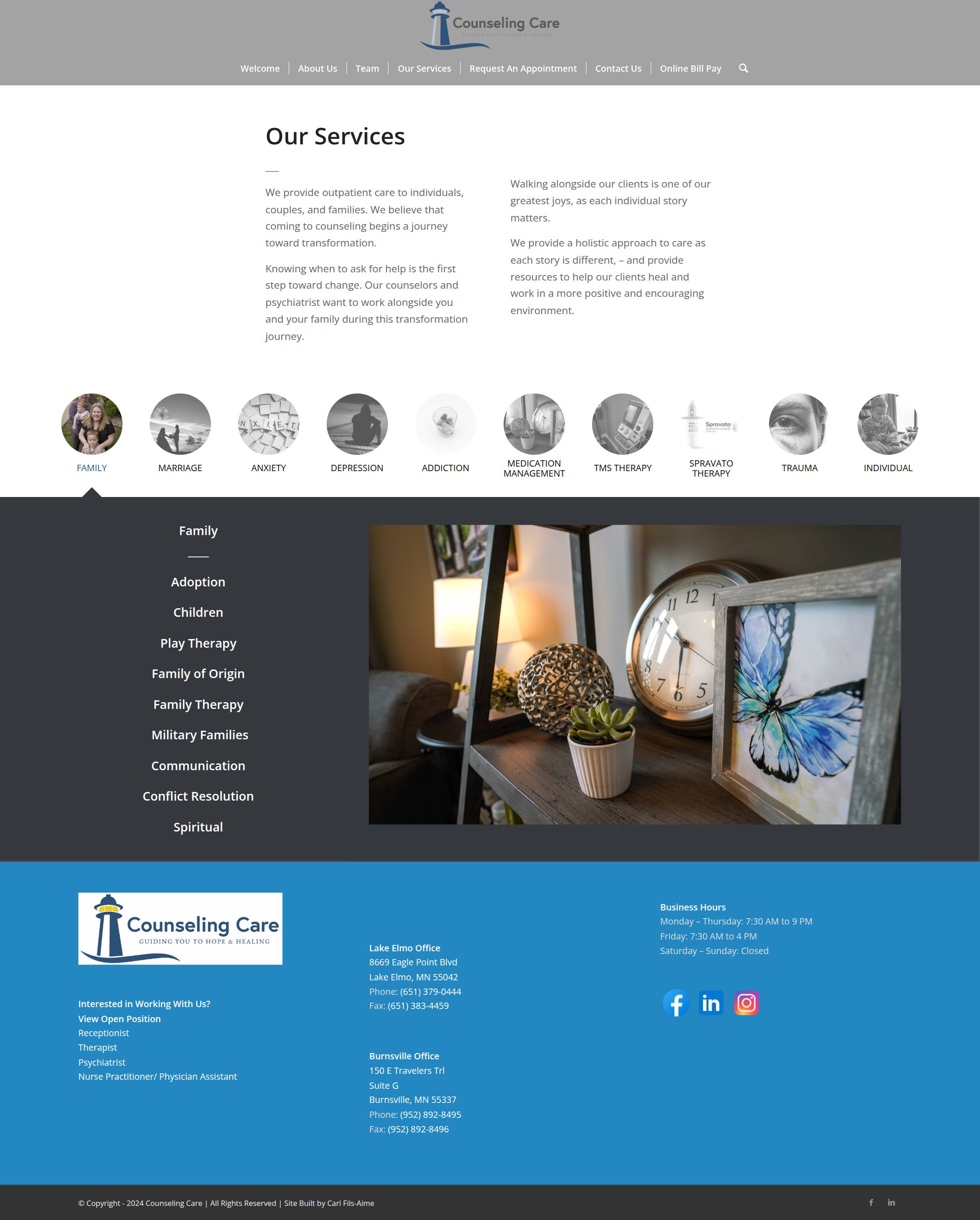 Services page with grayscale desaturated icons and still-life stock imagery