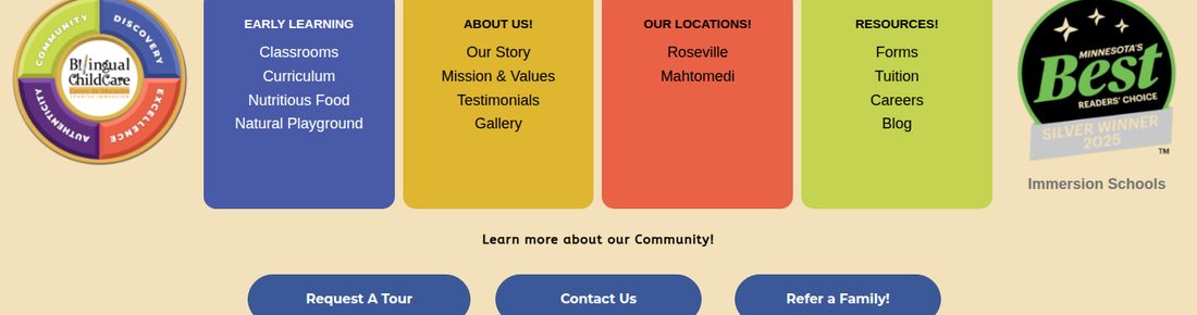 The four colored navigation blocks at the top of the homepage
