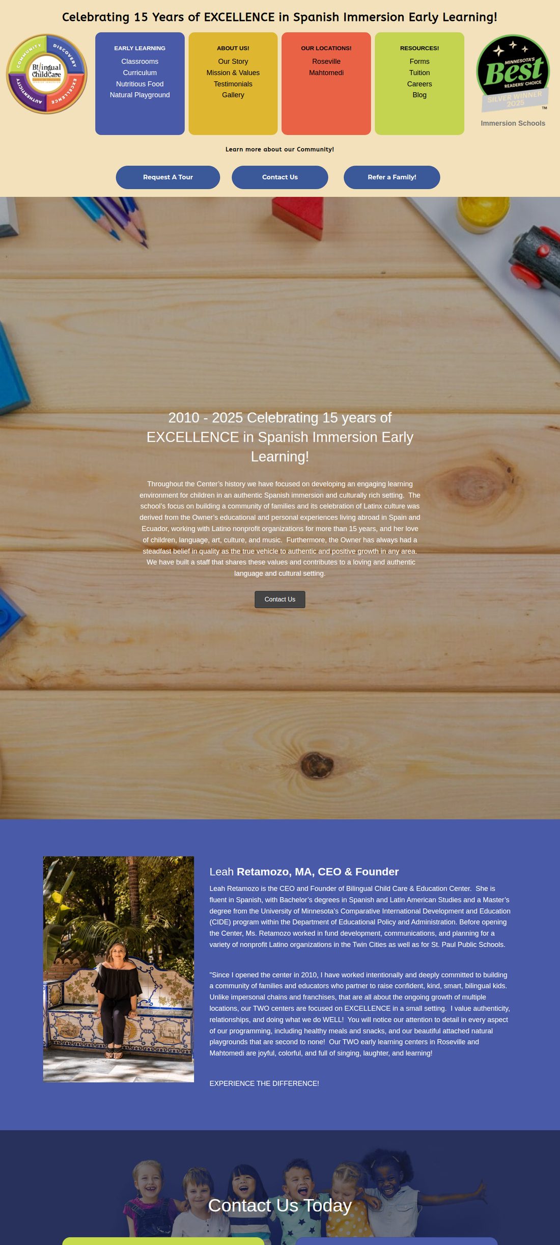 Our Story page showing white text over a busy photo and dense color bands