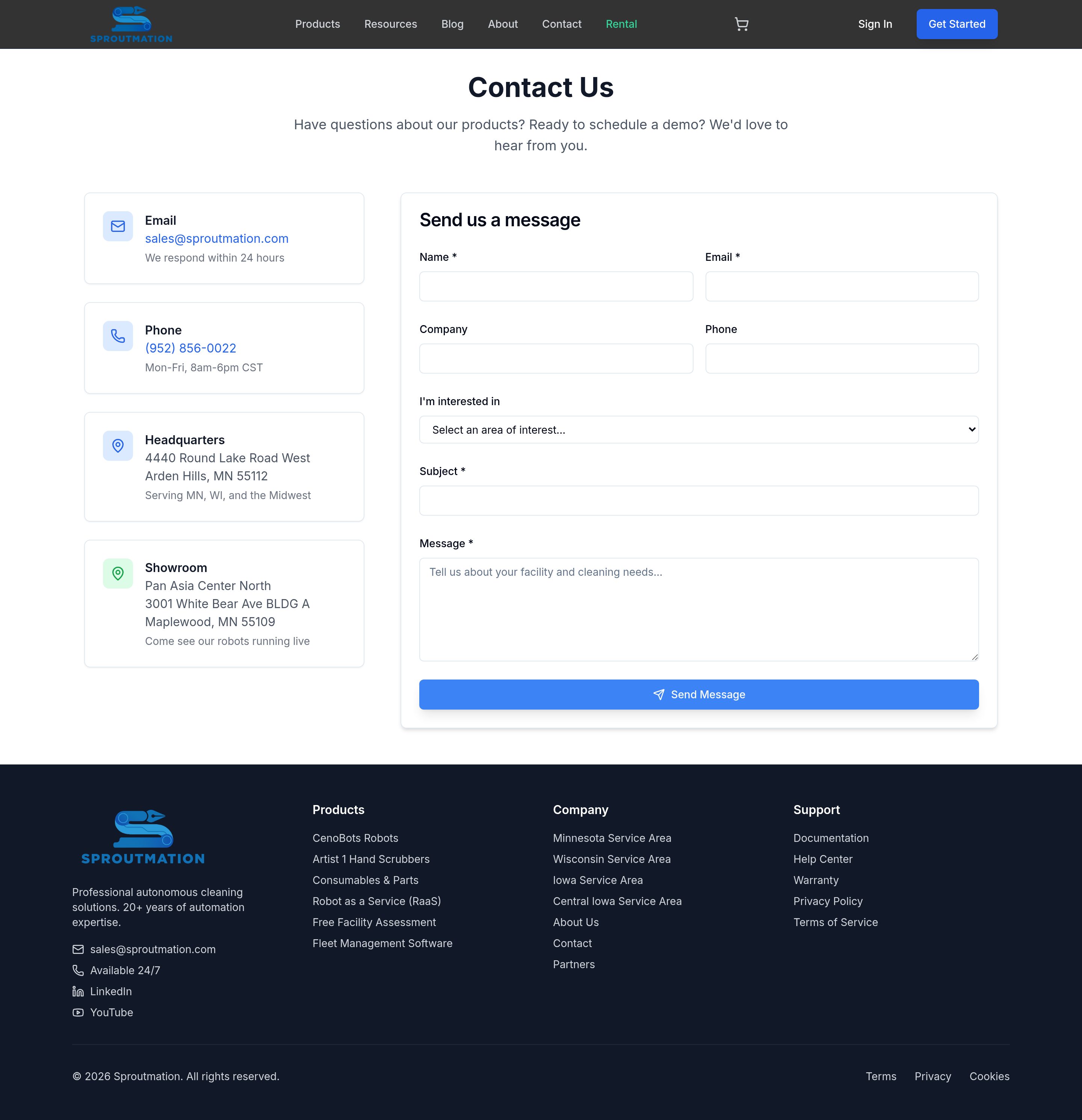 The contact page with phone, email, addresses and a seven-field message form