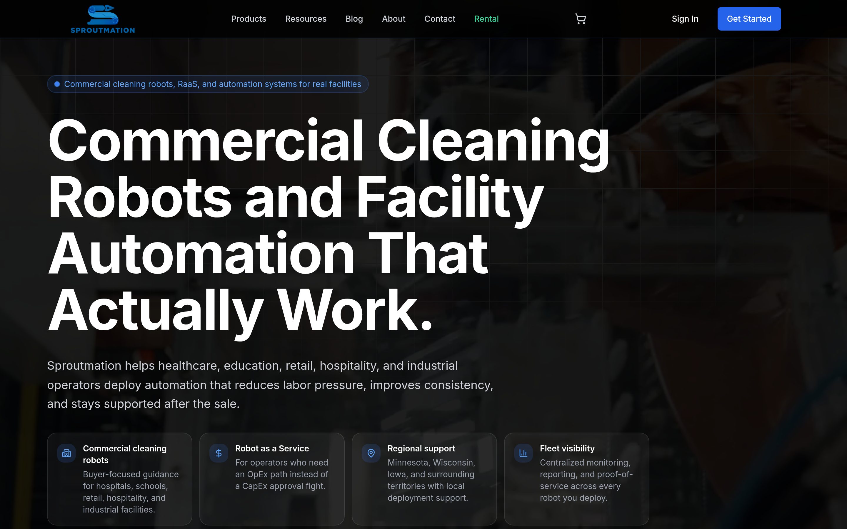 The homepage hero: a bold headline over a dark facility image, with a Get Started button in the header