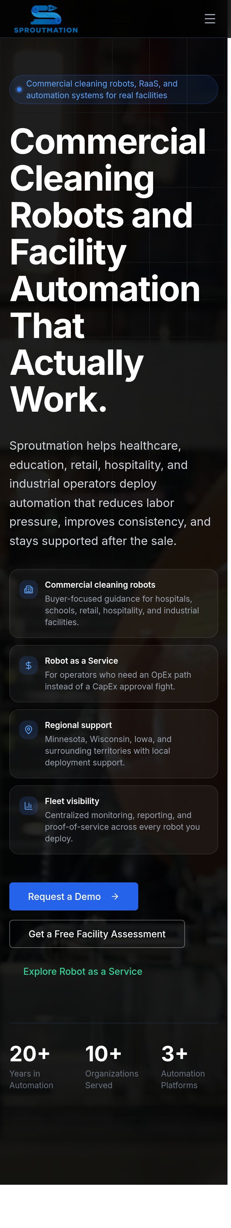 Homepage on a phone: full-screen headline, then three stacked competing CTAs