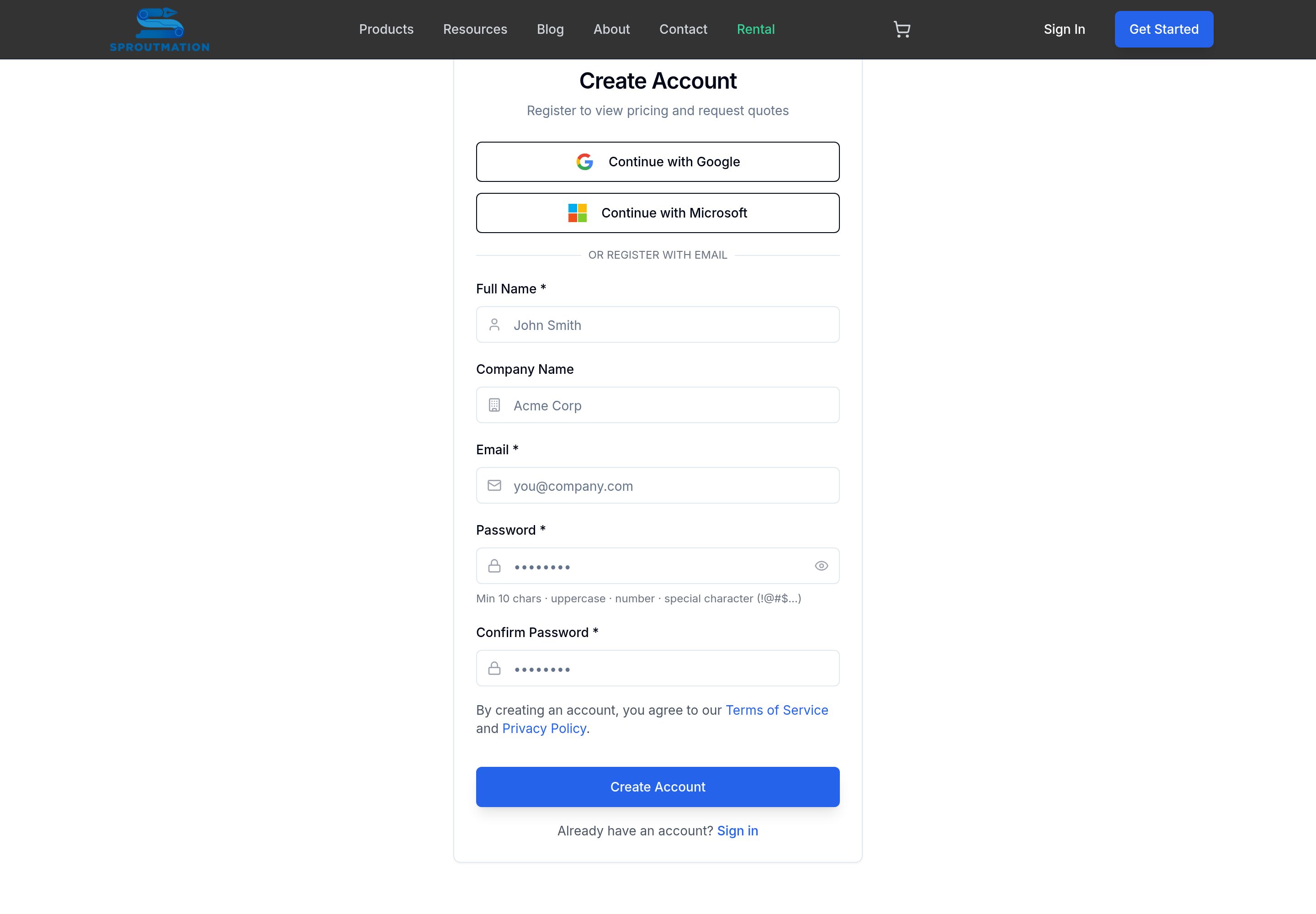The Create Account page: Register to view pricing and request quotes, with a 10-character password requirement